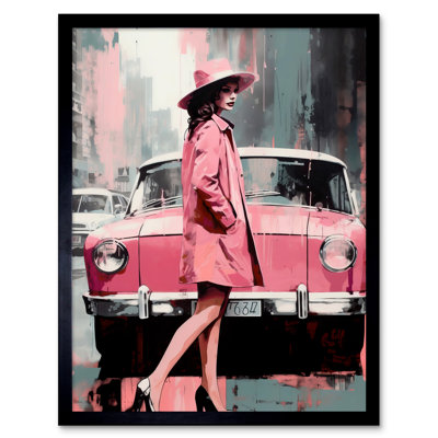 Aarunya Woman And Classic Car Pink - Single Picture Frame Print
