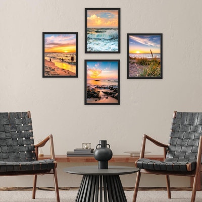 Encadrement pastel coucher de soleil nautique océan plage, ensemble de 4 impressions murales colorées de paysage encadrées sur papier, impression de 4 pièces