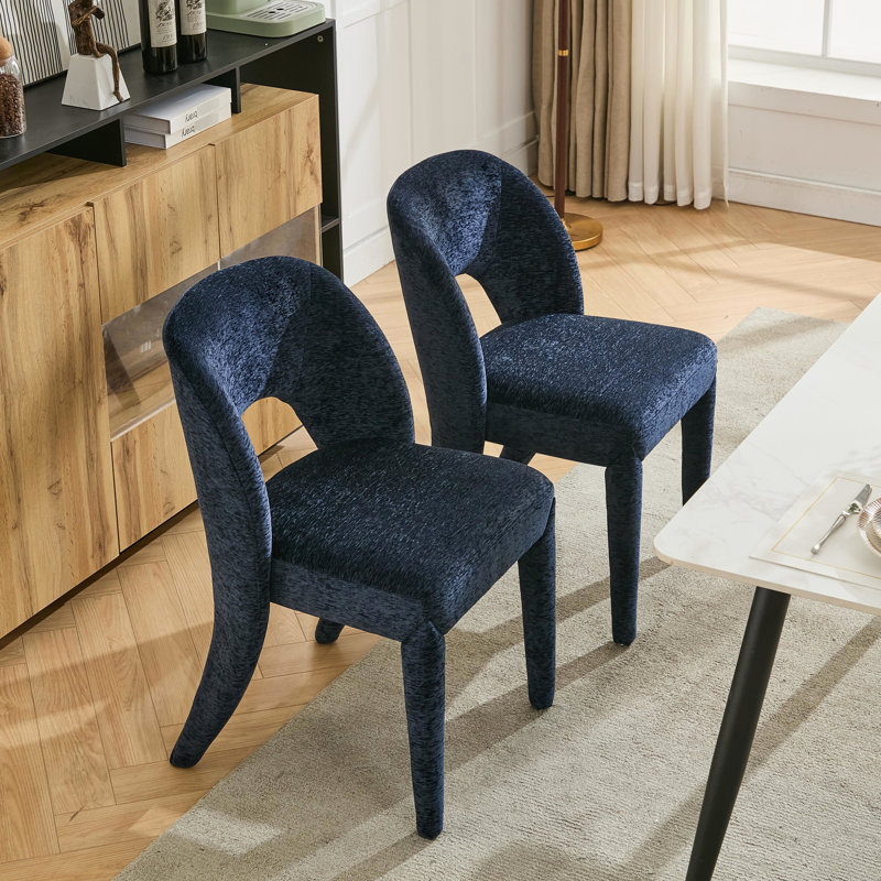 Chaises de salle à manger contemporaines en chenille bleu foncé de 2 pièces, évidé, structure en fer, performance à coût élevé pour une pièce confortable et simple, idéale
