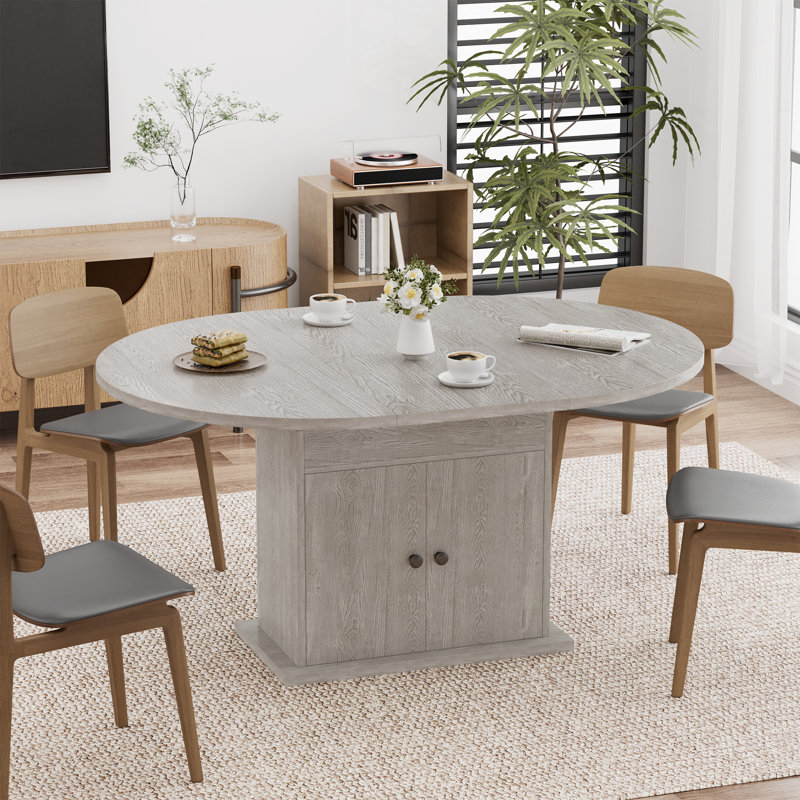 Table de salle à manger extensible en bois massif avec armoire de rangement - Sièges de table extensibles ronds à ovales 6-8, grain de noyer naturel, idéal pour la salle à manger et les petits appartements, gris