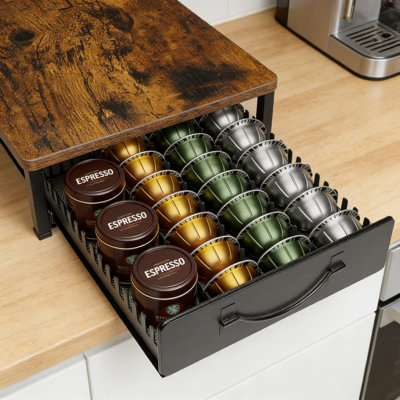 Tiroir de rangement pour dosettes - compatible avec les capsules de café Vertuoline et K-Cup, pouvant contenir 48 petites ou 24 grandes dosettes, support de rangement en bois compact pour comptoir de cuisine