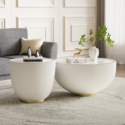 Nesting Coffee Table Set of 2, Round Coffee Table and End Table with Faux Marble Top & PU Leather Metal Base, Small Bowl-Shape Round Center Table Sofa