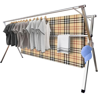 Séchoir à vêtements surélevé de 94,5 pouces, support à linge réglable et pliable en acier inoxydable de qualité supérieure pour l'intérieur et l'extérieur, avec 20 crochets coupe-vent