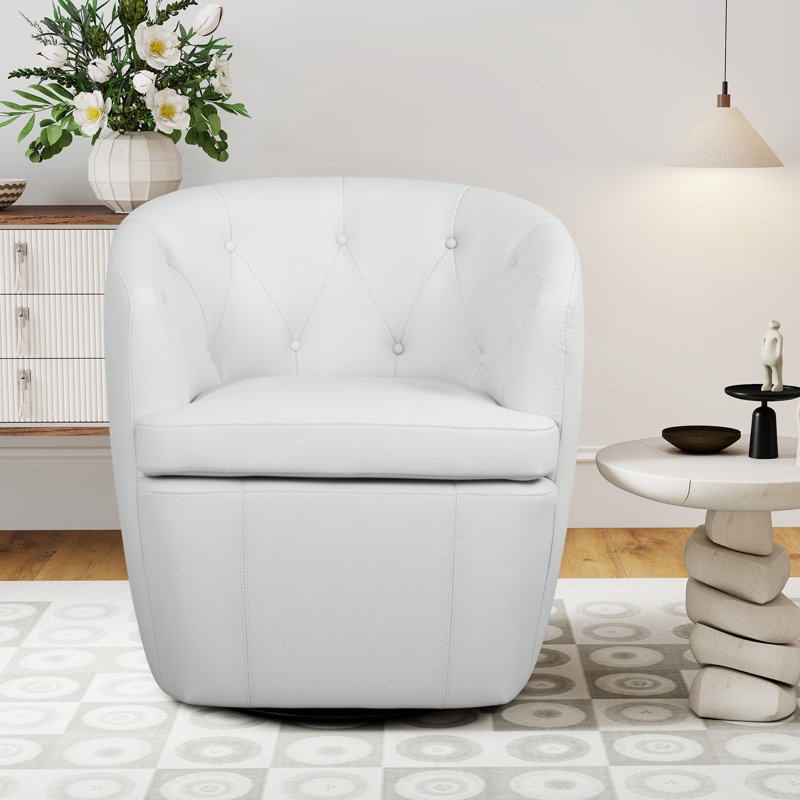 Classic Tuffted Vegan Faux Leather Swivel Barrel Chair No Assembly Required, White