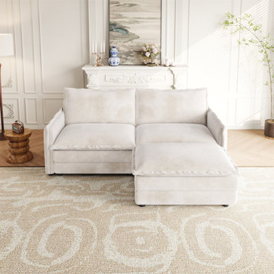 Canapé en tissu avec causeuse en velours côtelé avec 1 repose-pieds pour le salon, canapé modulaire en L 2 places avec repose-pieds, canapé rembourré à 2 places de grande taille avec 2 coussins