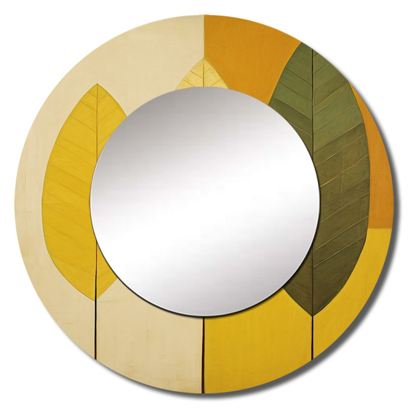 Harmony in Honey Folage II - miroir décoratif feuilles, miroir mural rond traditionnel, impression d'art en métal