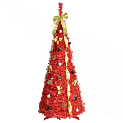 6FT Red Pop-Up Christmas Tree With 150 Warm White LED Lights, Ornaments Included – 4 Ribbons, Bow, Flowers, Snowflakes, Pine Cones & Balls – Easy Assembly & Space-Saving Holiday Décor