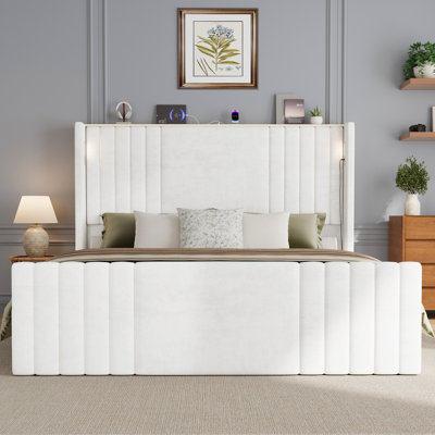 Velvet Upholstered Wingback Platform Bed