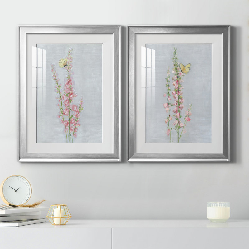 Foxglove Garden I - ensemble de 2 reproductions d'art, Papier avec cadre argenté, Blanc, H 22,5 po x l 61 po x P 1,5 po