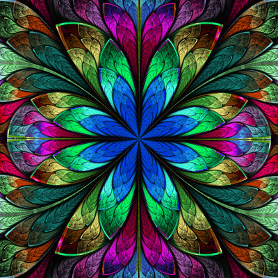 Symmetrical Fractal Flower In Stained-Glass Window - Wrapped Canvas Print