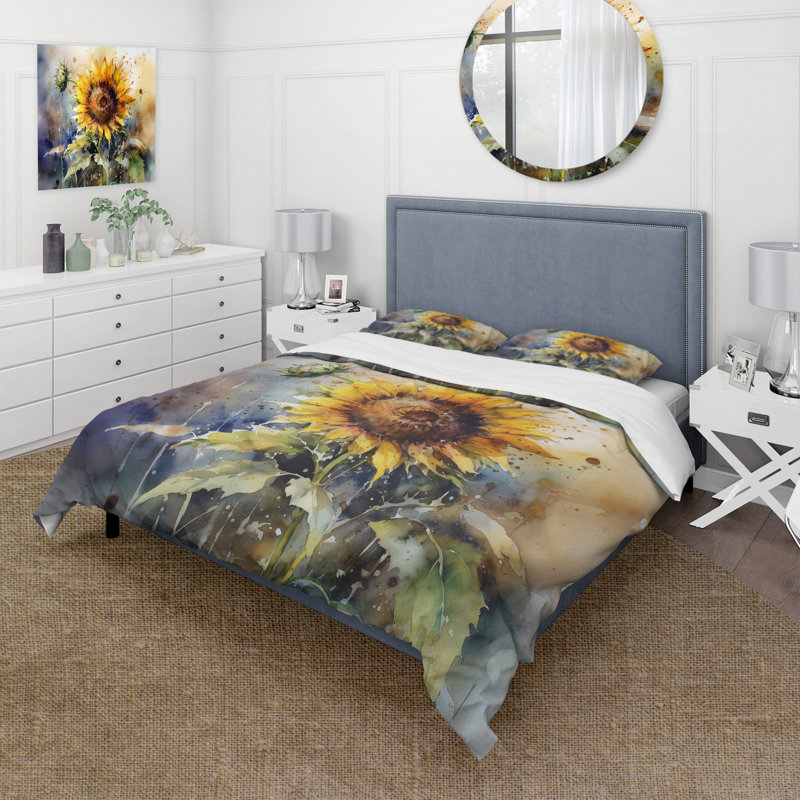 Ensemble de housse de couette jaune en tournesol Symphony I Bedding, Housse de couette pour grand lit et 2 taies décor