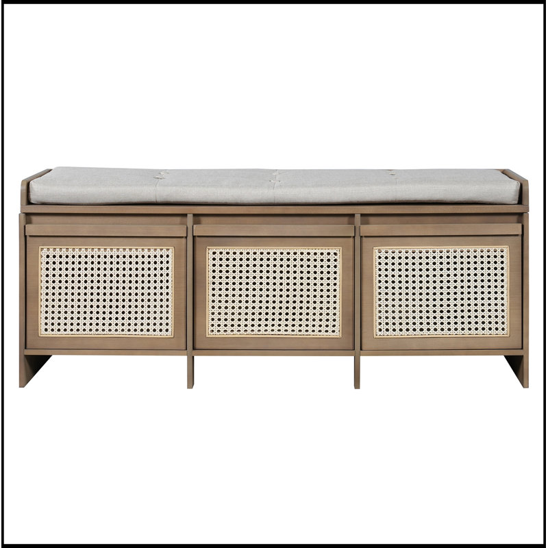 Banc de rangement avec tiroirs en rotin et bouton amovible, Naturel