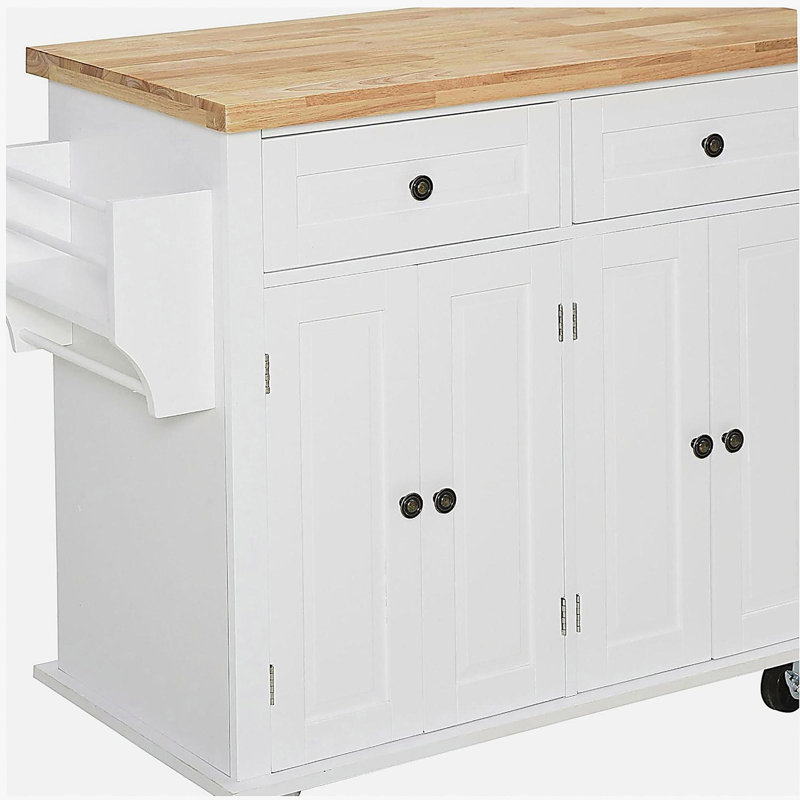 A rolling kitchen island cart with a rubberwood top, spice rack, towel rack, and drawer, white, for dining rooms, White