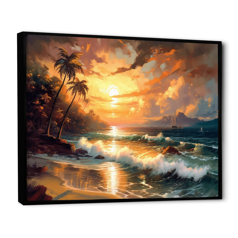 " Orange And Green Shimmering Shores II ", 24" H x 32" W x 1" D, Black Floater Framed Canvas