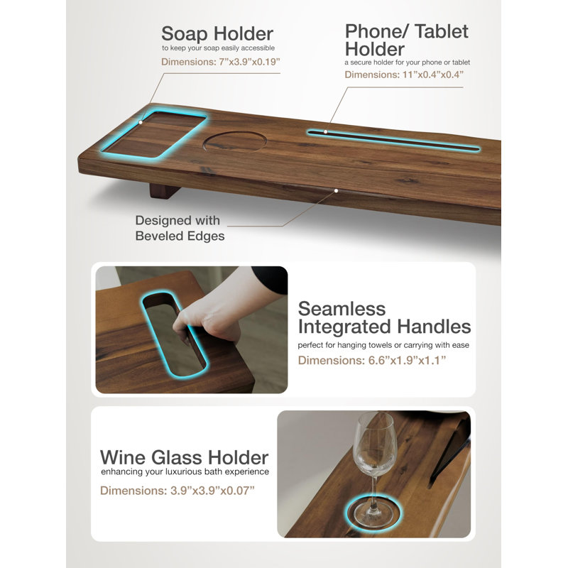 Serviteur de baignoire 39 po en bois avec support pour téléphone / tablette, pieds réglables, noyer, Noyer