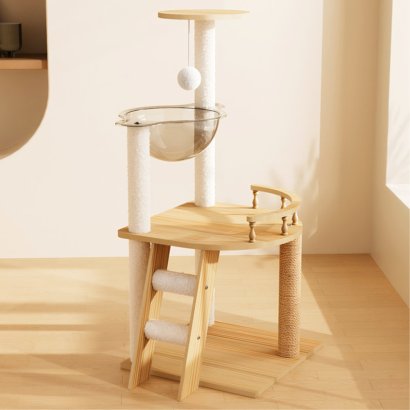 Tour à chat de 41,3 po pour l'intérieur, présentant une vision moderne en bois, - poteaux à griffes couverts, acrylique et tour de perchoir supérieure de haut niveau, de style bois raffiné, équipé d'excellentes