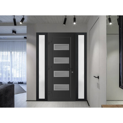 Front Exterior Prehung uPVC Metal-Plastic Manux 8113 Matte Black 2 Side Sidelite Transoms Office Commercial and Residential Doors Entrance Patio Garage 68 x 80 (W16+36+16 x H80) Right hand Inswing