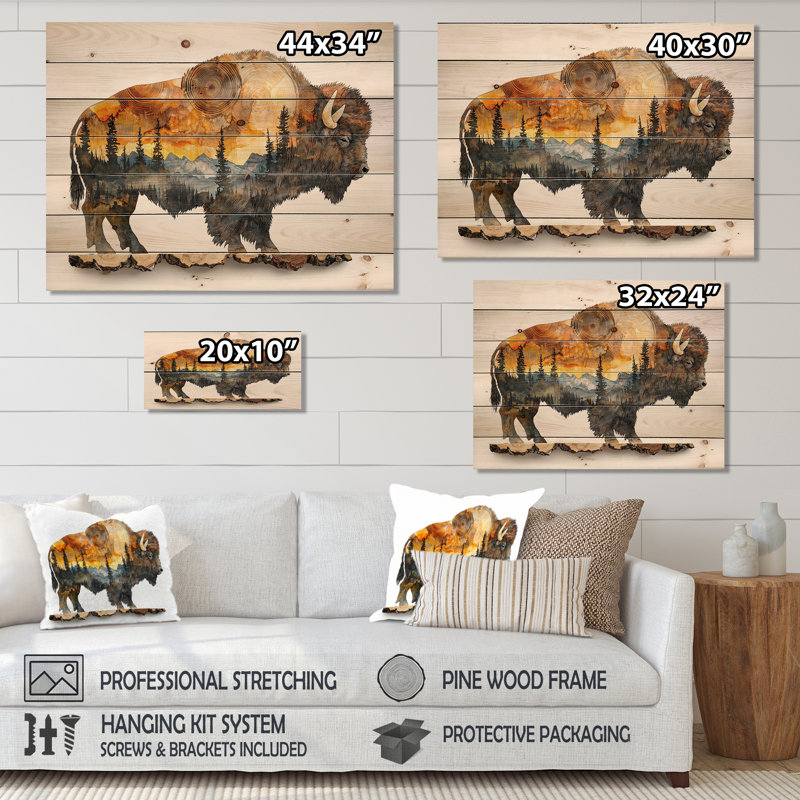 Portrait de bison américain en double exposition Canyon I - Buffalo Animal, art mural en bois, H 30 po x l 40 po x P 0,78 po