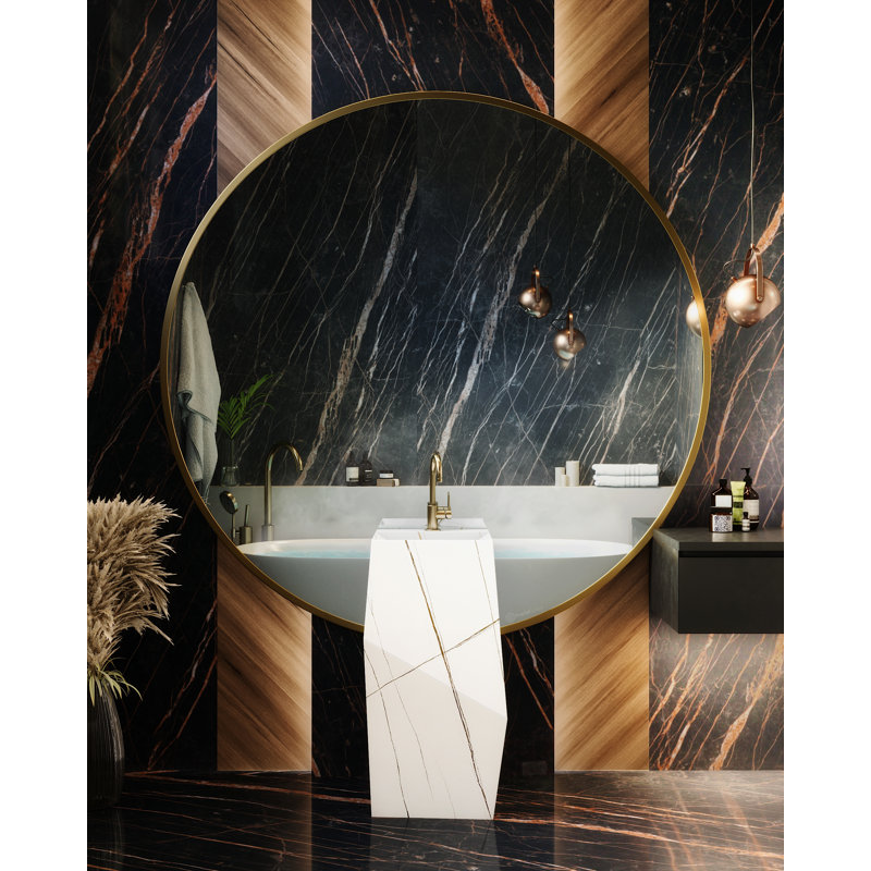 Fine Fixtures Canyon Pedestal 15" Wide White Carrara Sintered Stone, Black with Gold