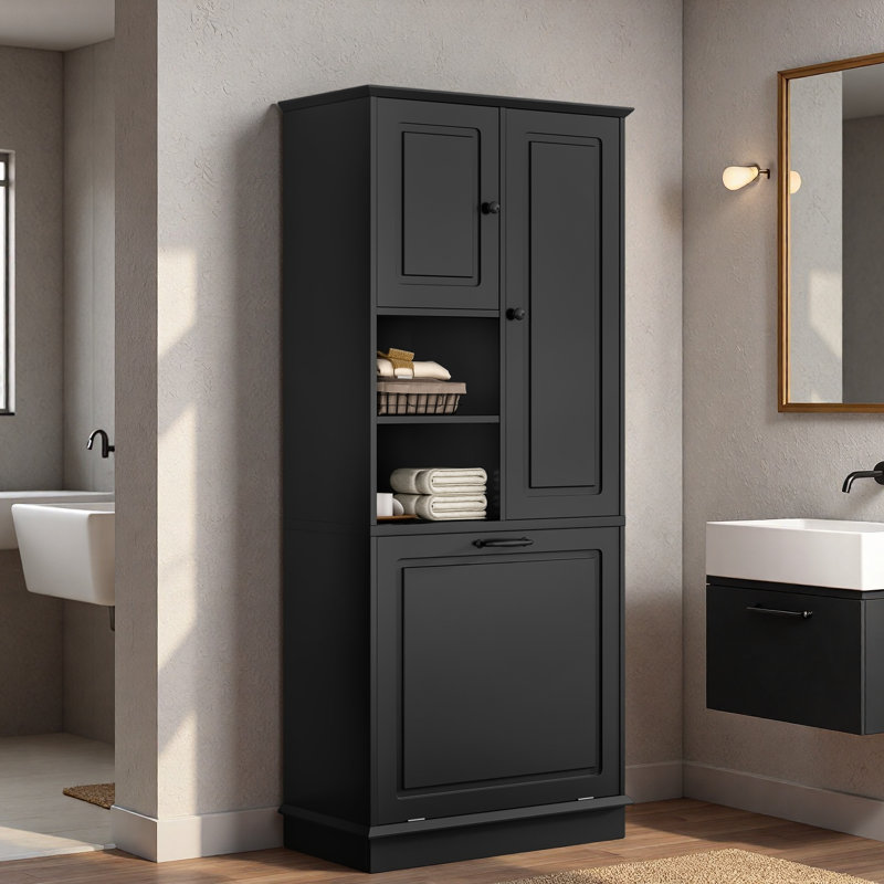 Tall Bathroom Storage Cabinet With Adjustable Shelves, Large Flip-out Basket And Enclosed Cabinets, Black