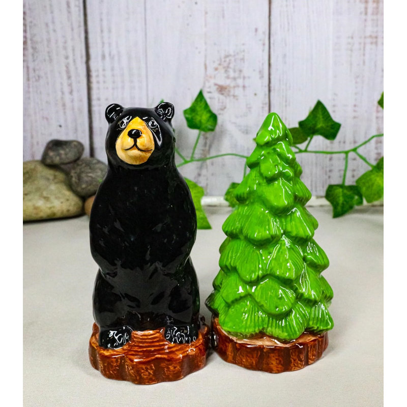 Wildlife Rustic Forest Black Bear And Pine Tree Ceramic Salt Pepper Shakers Set