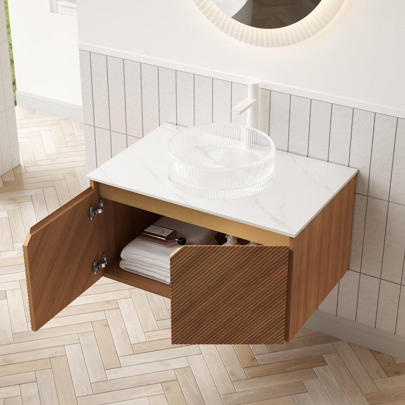 Ruben 30" Wall-Mounted Bathroom Vanity with Sintered Stone Countertop & Round Crystal Glass Vessel Basin, 30", Brown Oak