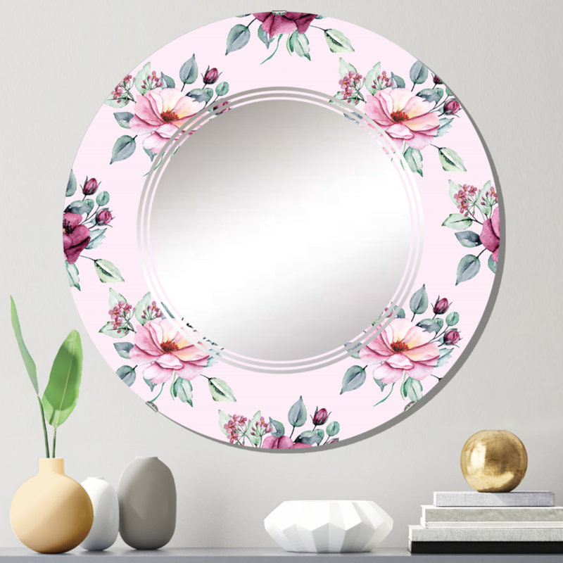 Miroir mural rond à motif de fleurs roses et rouges sur fond rose, 24 po x 24 po