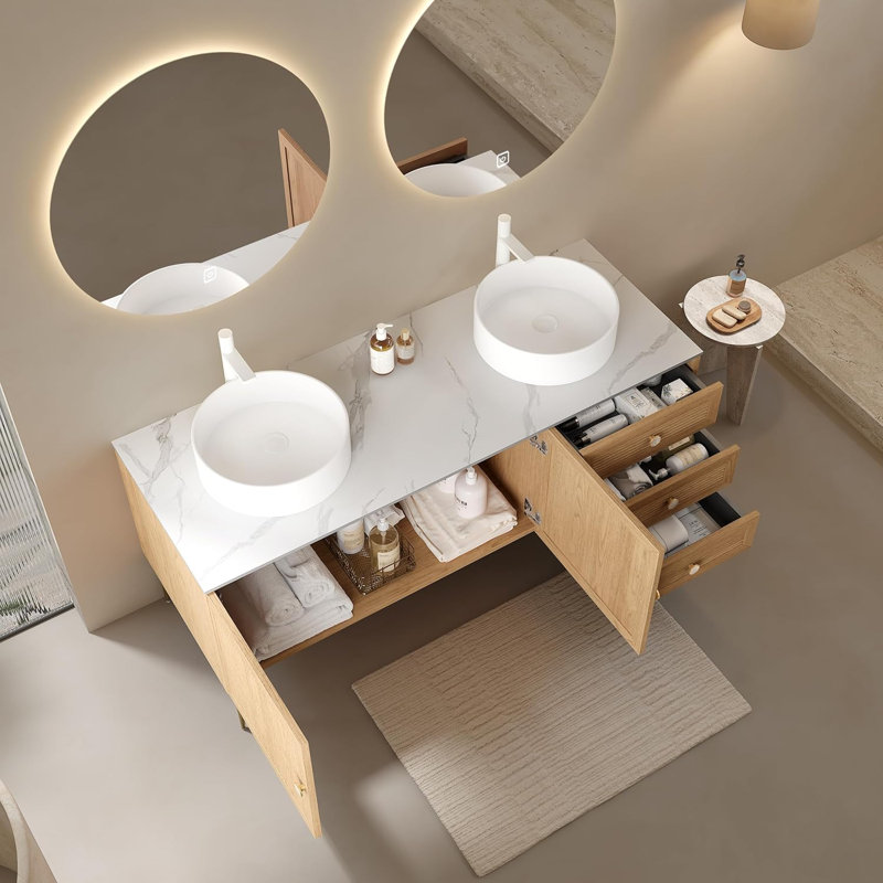 Meuble-lavabo 60 po avec 2 lavabos en céramique, 3 tiroirs et 2 portes, 5 pieds en métal, pré-assemblé