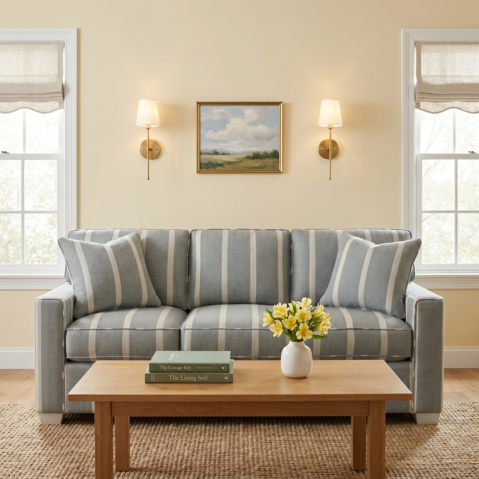 Frye 81'' Upholstered Sofa, Frost White, Light Blue and White Stripe