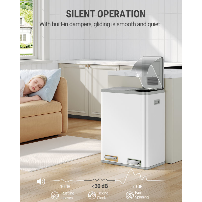 Kitchen Bin, Recycling Bins, Pedal Bin with Lid, Stainless Steel Kitchen Bins Recycling and Waste, Silent Slow-Down Closing Lid, With 15 Exclusive Trash Bags