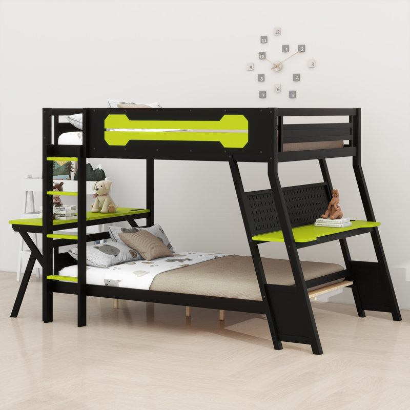 Multi-Functional Gaming Bunk Bed Built-In Dual Desk, USB Ports And Pegboard Storage, Green