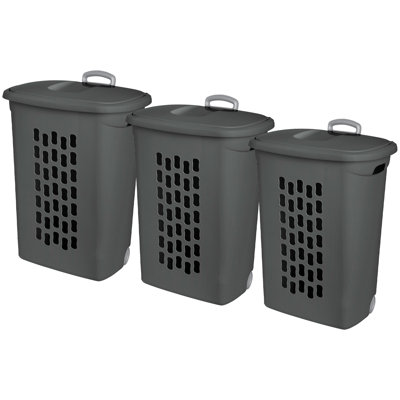  Ultra Wheeled Hamper, Laundry Basket w/Lid & Handle, Flat Grey, 3 Pack