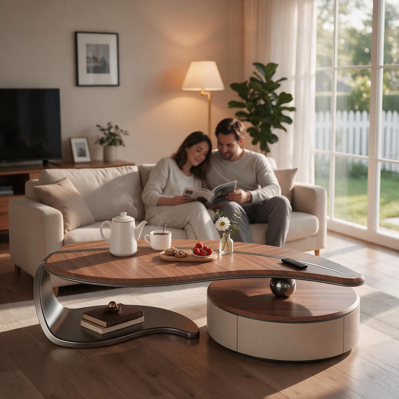 Table basse avec placage, veine en acier inoxydable et rangement intégré, tiroirs