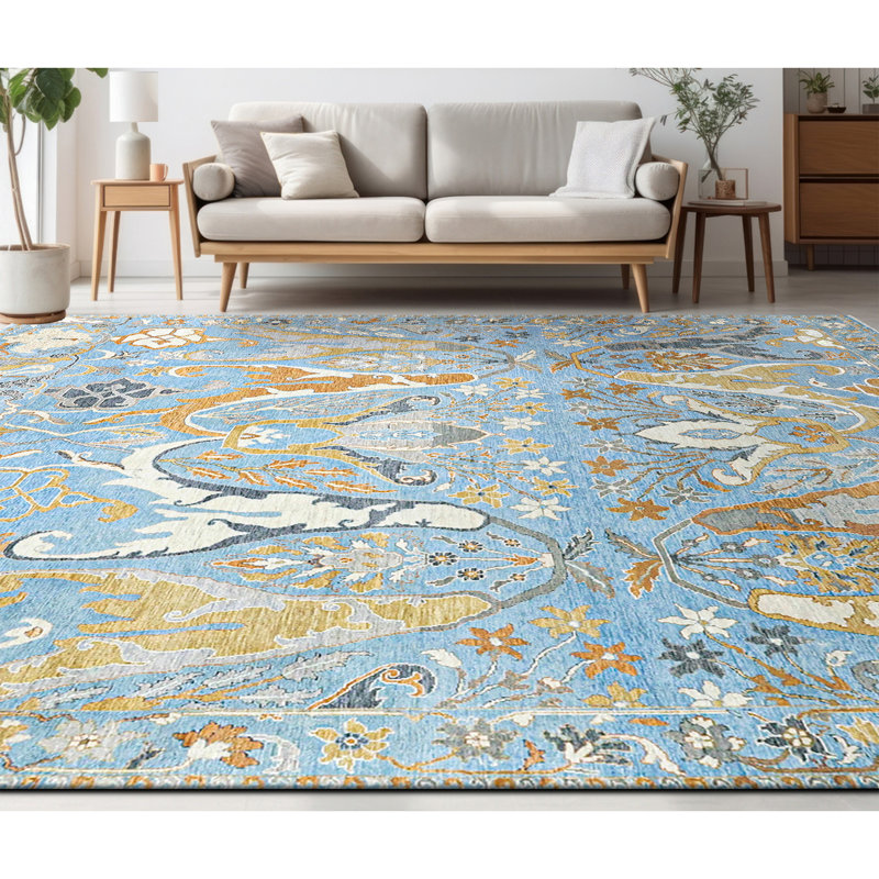 Tapis bleu clair noué à la main de haute qualité, Rectangle de 5 pi x 8 pi