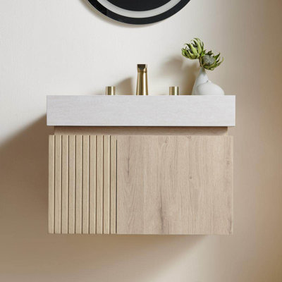 Meuble-lavabo de salle de bain 24 po Muri, meuble de rangement flottant en contreplaqué avec 2 portes, comptoir en pierre frittée Roma Travertine et lavabo en céramique avec 1 trou de robinet pré-percé, pré-assemblé, grain de bois de chêne blanc