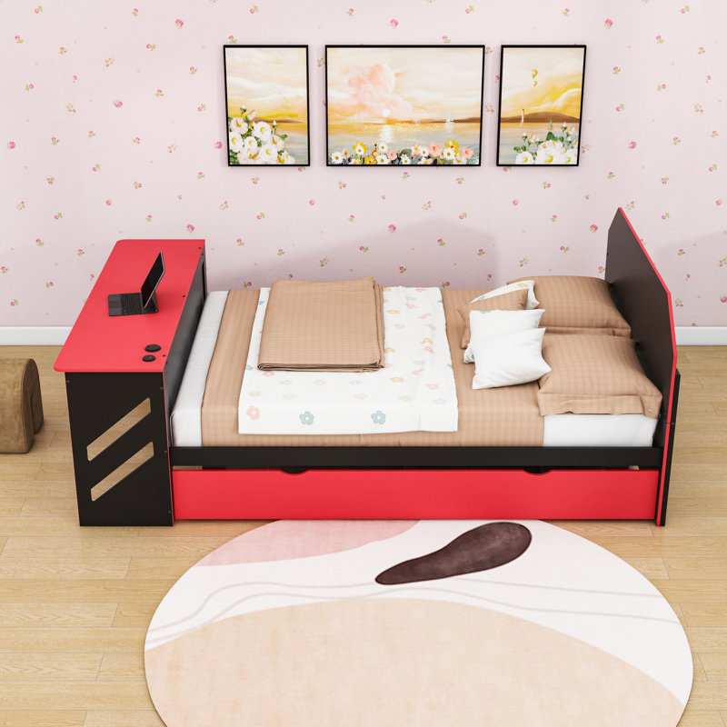 Full Wooden Daybed with USB Port, Desk and Trundle, Red