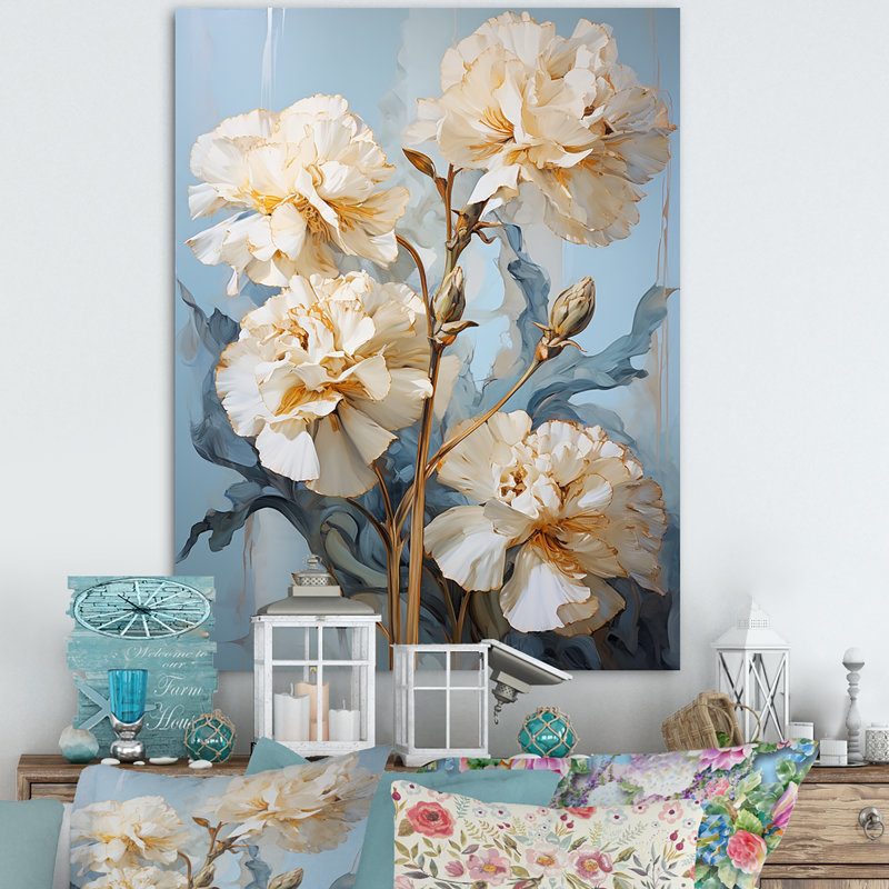 Œillets beiges sur bleu V sur toile, H 32 po x l 24 po x P 1 po, Toile tendue