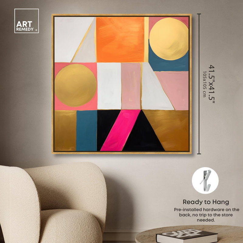 Art géométrique abstrait sur toile, chiffres géométriques en 2 dimensions par Art Remedy, Cadre doré, H 41 po x l 41 po