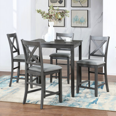 Ensemble 5 pièces de salle à manger gris, comptoir, table carrée et 4 chaises rembourrées