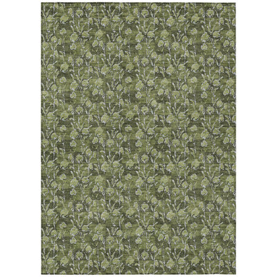 3' X 5' Olive Green Artichoke Green And Ivory Floral Washable Indoor Outdoor Area Rug