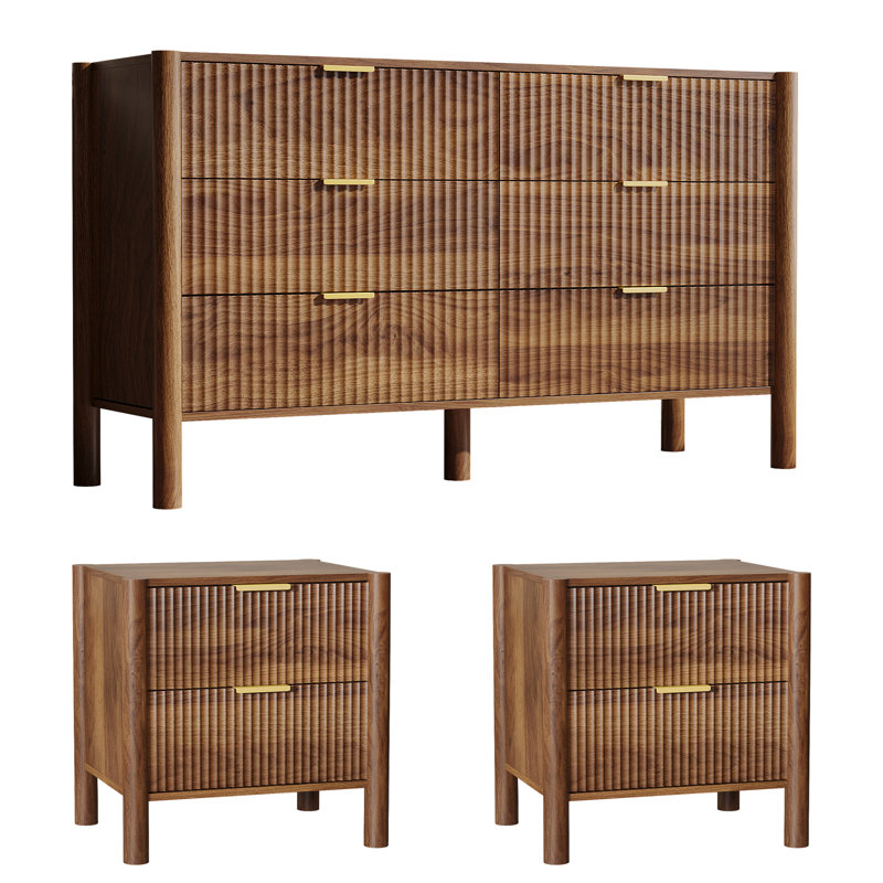 Ensemble de chambre à coucher 3 pièces Witter, commode 6 tiroirs et 2 tables de chevet, brun