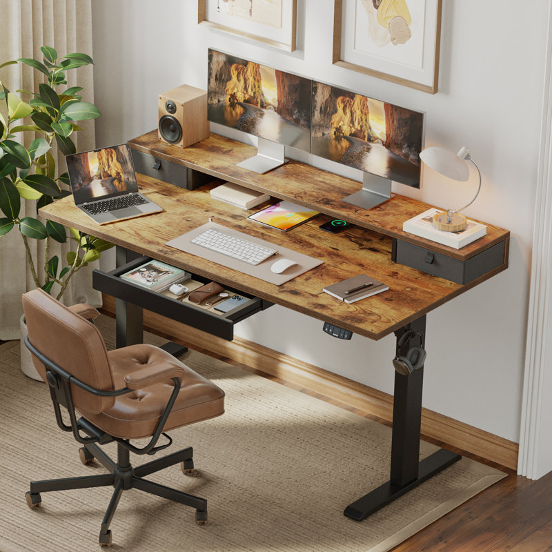 Bureau électrique à hauteur réglable avec tablette de rangement, bureau debout avec 3 tiroirs pour le bureau personnel