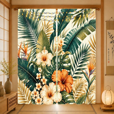 2Pcs Tropical Hawaiian Floral Curtains, light filtering fabric, vibrant hibiscus and palm leaf print, sunshade privacy protection, rod-pocket design,