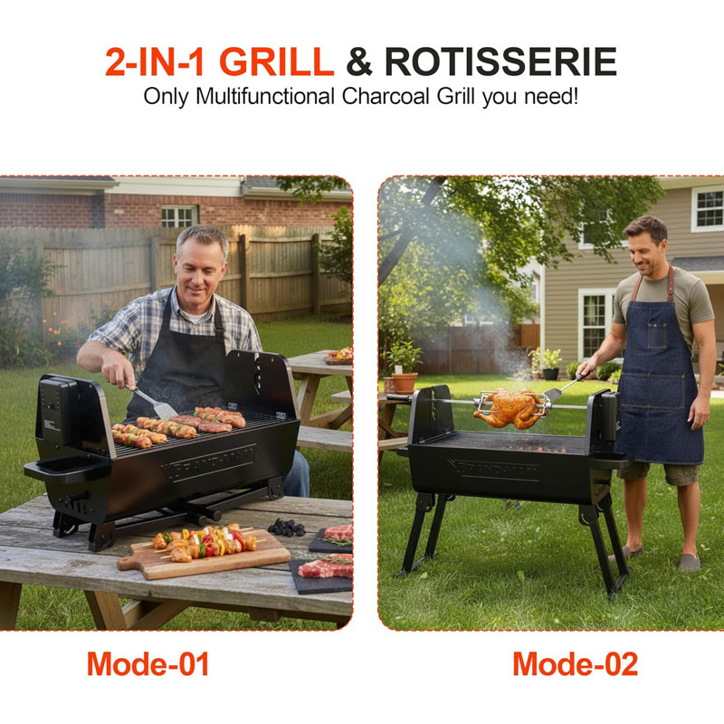Brand-man Portable 2-in-1 Charcoal Grill With Stainless Steel Electric Rotisserie - Porcelain-enameled Steel, Tool-free Assembly, Foldable Design & Adjustable Height For Backyard, Camping, Patio & Tailgating