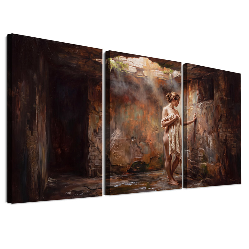Femme dans une grotte de pierre baignée de soleil - Ensemble de 3 toiles murales, 36"H x 24"W x 3pcs