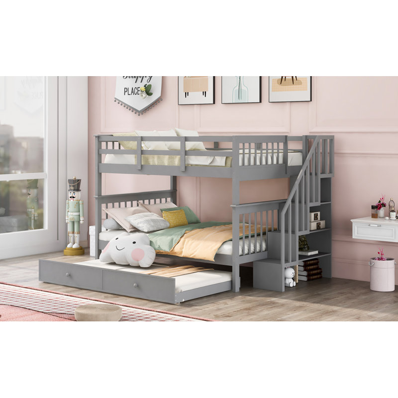 Lit superposé double avec lit gigogne, rangement et barrière de sécurité pour chambre à coucher, dortoir - gris, Gris