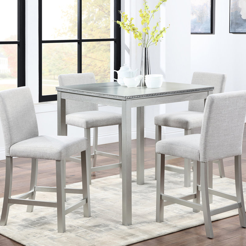 Table 5 pièces à hauteur de comptoir avec structure carrée et 4 chaises rembourrées en gris argenté