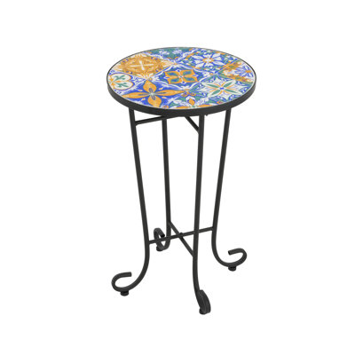 Table d'appoint florale avec plateau en carrelage floral, structure thermolaquée noire, style champêtre français, pour une utilisation intérieure / extérieure