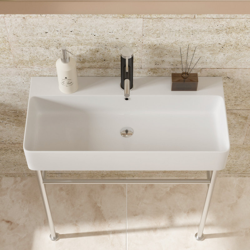 Glossy White Ceramic Rectangular Console Sink with Steel Legs