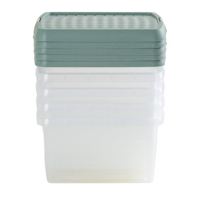 Wham Clip 5x 9L Square Plastic Storage Boxes with Secure Clip Lock Lids. L:29 x W:29 x H:15.5cm Clear/Green Milieu/Stone